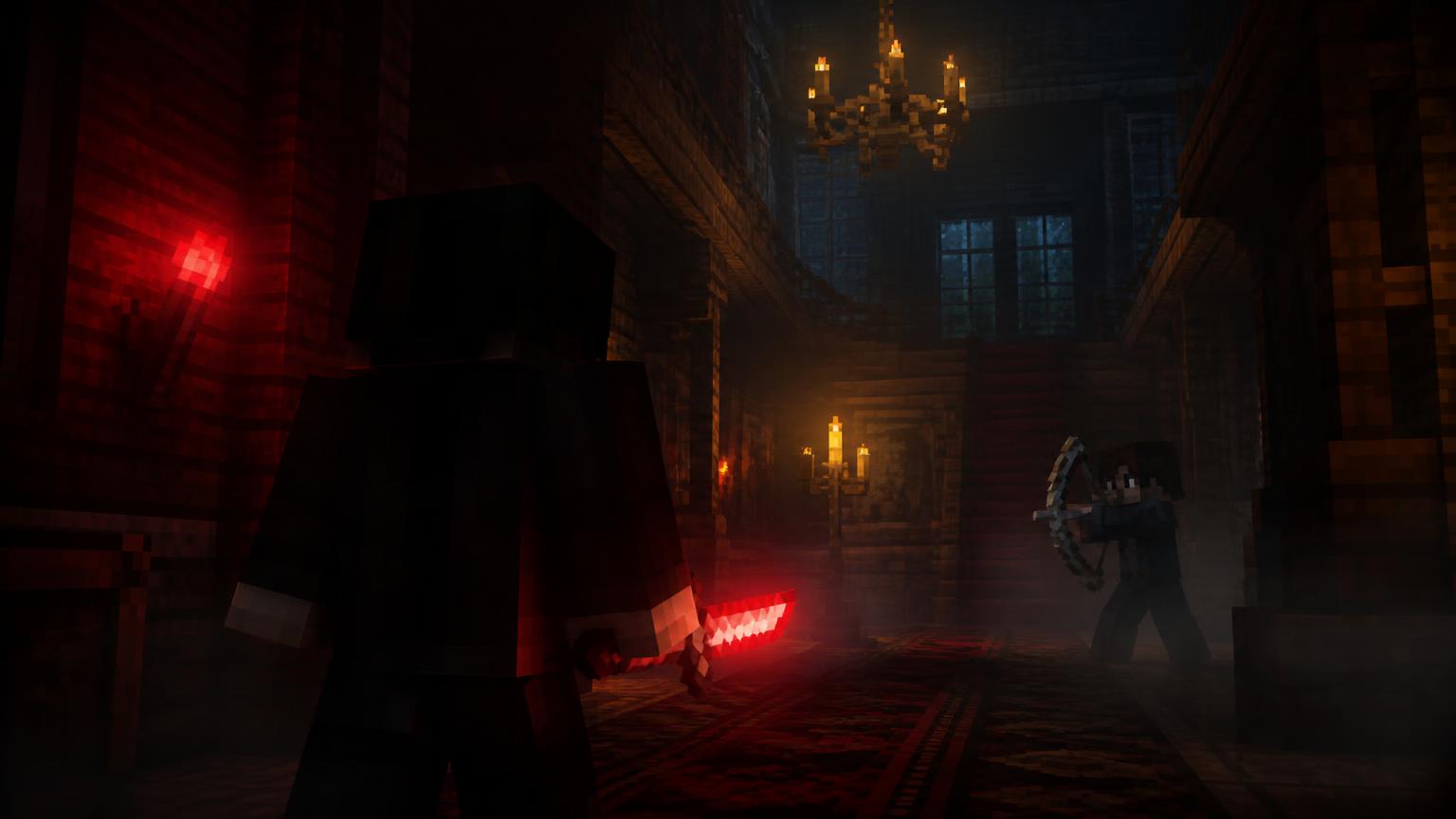 Nocna rezydencja w Minecraft z mordercą trzymającym świecący nóż